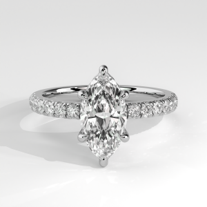 Marquise diamond ring with six prongs and pavé diamond band