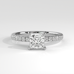 Princess cut pavé engagement ring with basket setting and pavé band