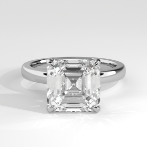 Asscher cut solitaire engagement ring with tapered plain band and open prong setting