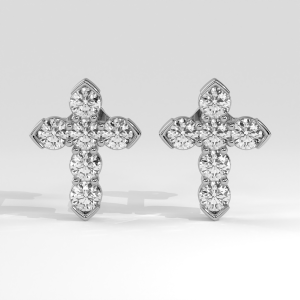 Round diamond cross motif stud earrings with shared prong setting