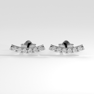Arched pavé diamond ear climber stud earrings with seven round stones along a curved bar