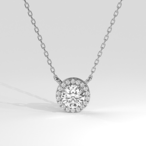 Round halo diamond pendant necklace with radiant accent stones on a fine chain